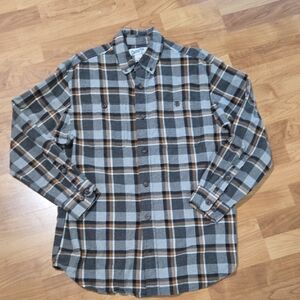 Duluth Traiding. Men's Gray Plaid Button-Up Flannel Shirt with Brown Accents